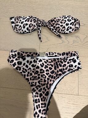 Leopard Print Bandeau Bikini Set - Pink, Black & Cream